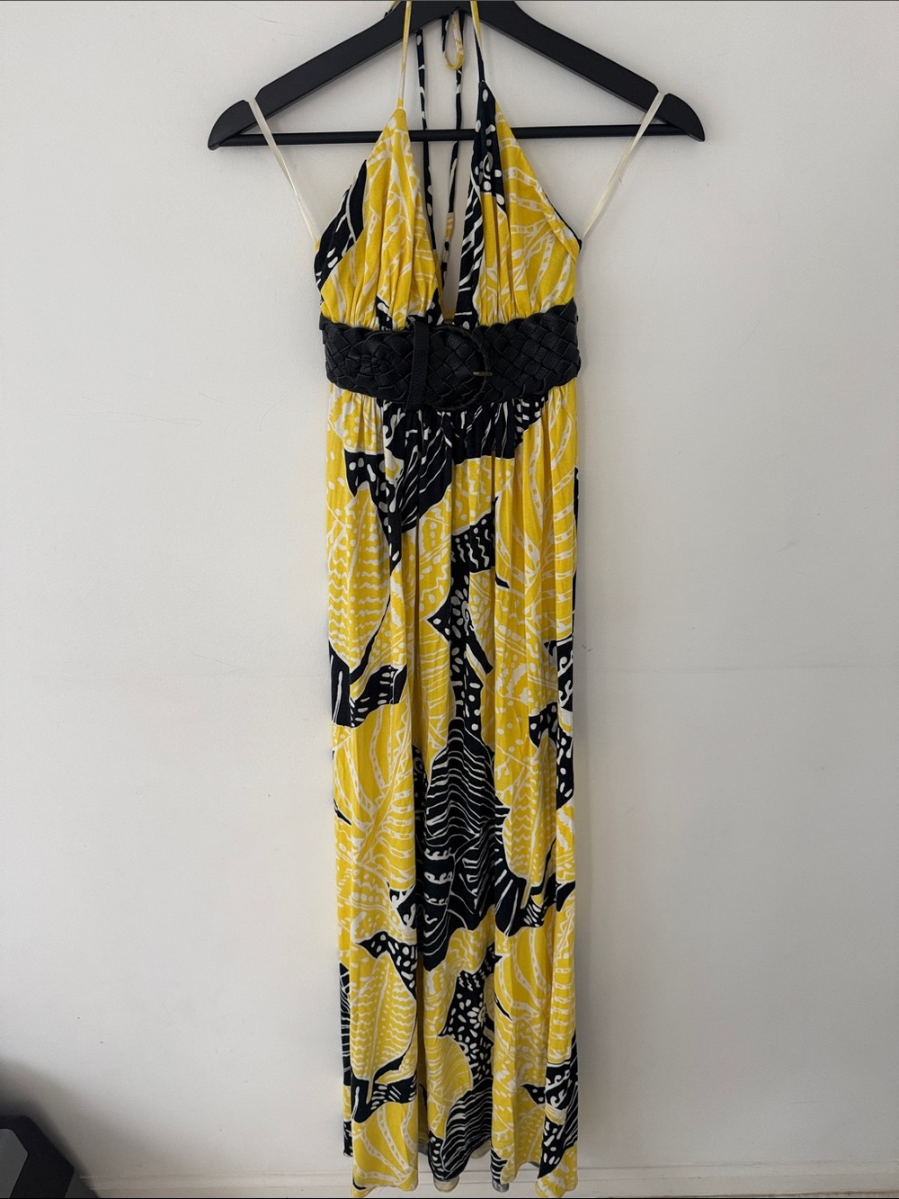 Sky Yellow and Black Halter Maxi Dress with Braided Waistband